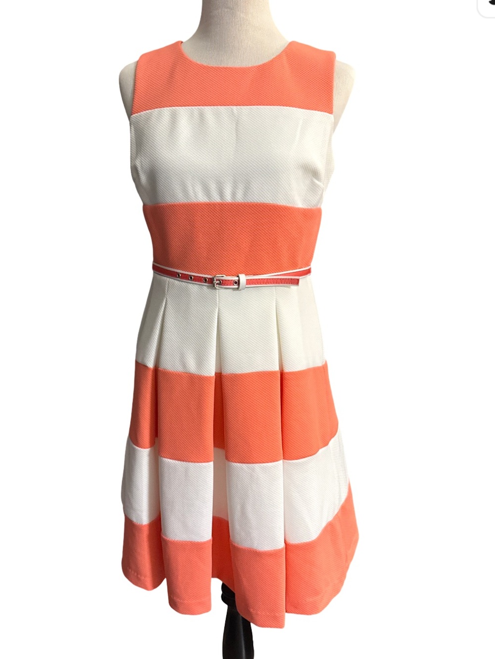Chetta B Sleeveless Coral and White Striped Midi Dress